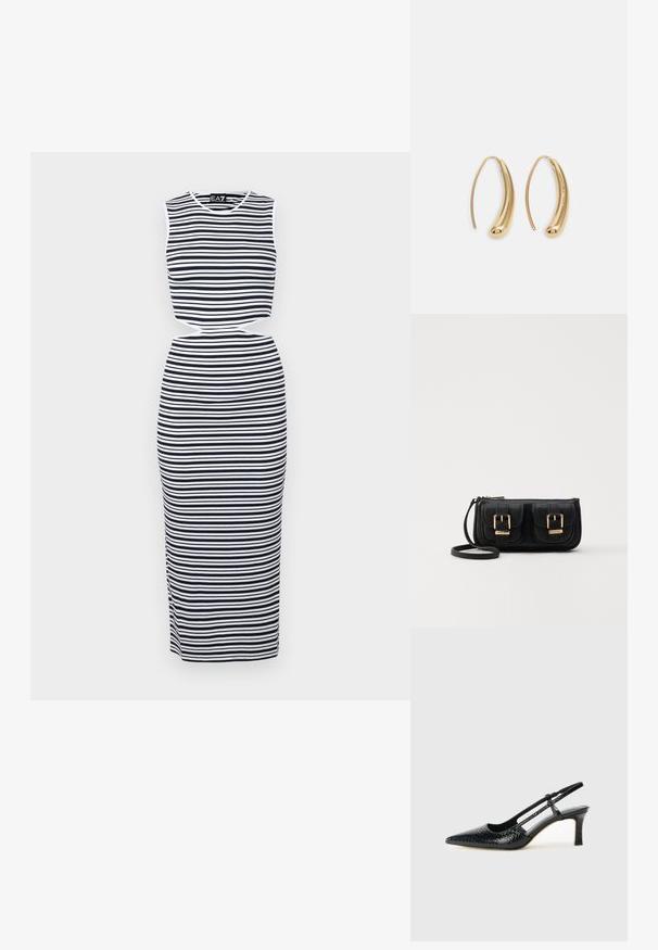 Csíkos ujjatlan ruha, tengerészkék és fehér vízszintes csíkokkal, kivágott derékrésszel és testhezálló fazonnal. Puha, rugalmas anyag.; Fekete lakk slingback sarok, hegyes orral, texturált kígyómintával, állítható pánttal és rövid, texturált tömbsarkal.; Fekete bőr keresztbody táska két elülső zsebbel, arany csattokkal, cipzáras záródással és vékony pánttal. Textúrált felület és kompakt téglalap alak.; Aranyszínű fémből készült karika fülbevalók ívelt, hosszúkás formával. Simaságával és fényes felületével, valamint lekerekített végével további részletekkel bővül.