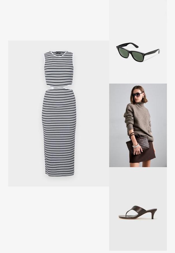 Raitidega ilma varrukateta kleit, millel on tumehallid ja valged horisontaalsed riba, lõigatud talje detail ja keha lähedane disain. Pehme, veniv materjal.; Pruun faux nahkade nahkadega kontsad, millel on soonikdisain ja ruudukujuline varvas. Kontsa kõrgus on umbes 5 cm ja see on sileda viimistlusega.; Mustad mustan plastiku prillid roheliste läätsedega, ruudukujulised raamid, hõbedane aksent kulmude peal ja tekstuuriga tempelkäed. Brändi nimi on märgitud sisevarrele.; DRAGON DIFFUSION MINI FLAT GORA - Käekott - dark brown