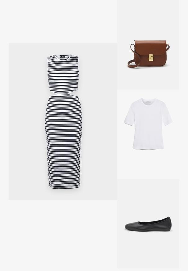Striped sleeveless dress featuring navy and white horizontal stripes, cut-out waist detail, and form-fitting design. Soft, stretchy material.; White short-sleeve t-shirt made of ribbed fabric. Round neckline, regular fit, and subtle stitching details. No patterns or graphics.; Black leather ballet flat with a rounded toe, smooth texture, minimal stitching detail, and a flexible sole design.; Brown leather handbag with a flap closure, gold-tone hardware, a shoulder strap, and a smooth texture. Compact rectangular shape.