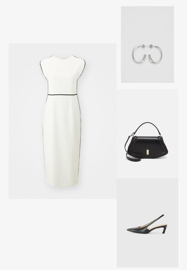 BOSS DETIRA - Vapaa-ajan mekko - open white; Musta, kärjeltään terävä slingback-kengä, jossa on matala korko. Kengässä on sileä nahkamateriaali ja sivuilla leikkaukset hengittävyyttä varten.; Mustalla nahkalaukulla, jossa on jämäkkä muotoilu, lyhyt malli, yläkahva ja kultaiset yksityiskohdat. Säädettävä olkahihna sisältyy.; Hopehopeet hopehopeet hopehopeet hopehopeet, jolla on sileä, kiiltävä pinta. Pyöreä muoto, kevyt rakenne, jossa on neulakiinnitys.