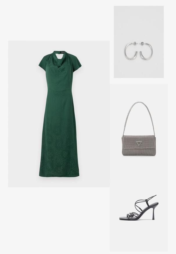 Green dress made of smooth fabric, featuring a cowl neckline, cap sleeves, and a straight silhouette with subtle patterns.; Black high-heeled sandals feature thin straps with a knotted design, a smooth square toe, and a sleek stiletto heel.; Light gray metallic handbag featuring a chain strap, embellished with small circular metallic studs and a triangular brand logo.; Silver hoop earrings with a smooth, shiny finish. Rounded shape, lightweight design, featuring a post-back closure.