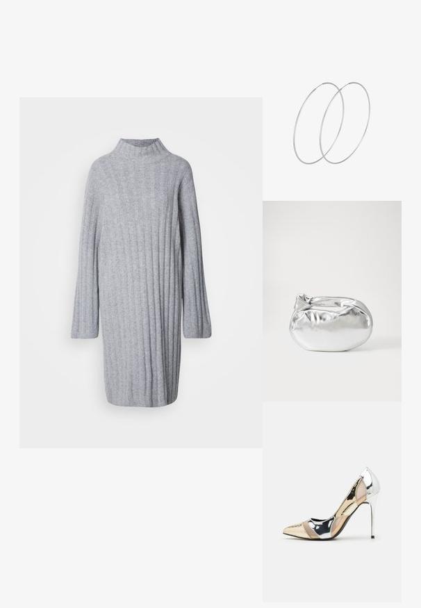 Hall hõlmadega, soonikuga tekstuuriga ja pika varrukaga hall kudum Kleid. Pehme kangas, mis on vabalt lõigatud, ulatudes reie keskpaikani.; Kitsas toe kõrge kontsaga kingad, millel on hõbedane, kuldne ja nude värvilahendus. Läikiv viimistlus lõikekujundusega, stiletto konts.; Hõbedane metallikoti kott pehme, ümar kuju ja sõlme ülemise sulgemisega. Valmistatud siledast kunstnahast materjalist.; Hõbedased rõngastikkaehingad minimalistlikus disainis. Ümar kuju, sile tekstuur ja õhuke profiil. Kerged ning poleeritud viimistlusega.