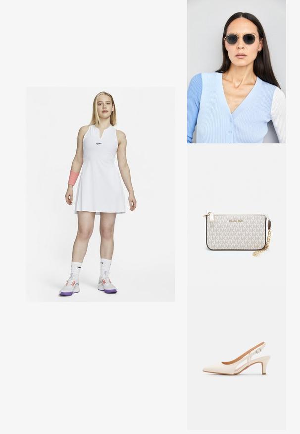 Fehér teniszruha ujjatlan kialakítással és gallérral, fekete Nike logóval. Rózsaszín csuklószorítóval és fehér, lila akcentusokkal rendelkező cipőkkel viselve.; Fehér slingback sarok, hegyes orral, sima felső anyaggal, alacsony blokk sarkával és oldalsó kivágott dizájnnal, állítható csatpánttal.; Kerek napszemüveg sötét lencsékkel és arany kerettel. A modellen világoskék, bordázott kardigán van gombokkal és kontrasztos fehér ujjaival.; Michael Kors bézs bevonatos vászon karkötő, amely ismétlődő MK logó mintával, aranyszínű fémrészletekkel és levehető lánchordóval rendelkezik.