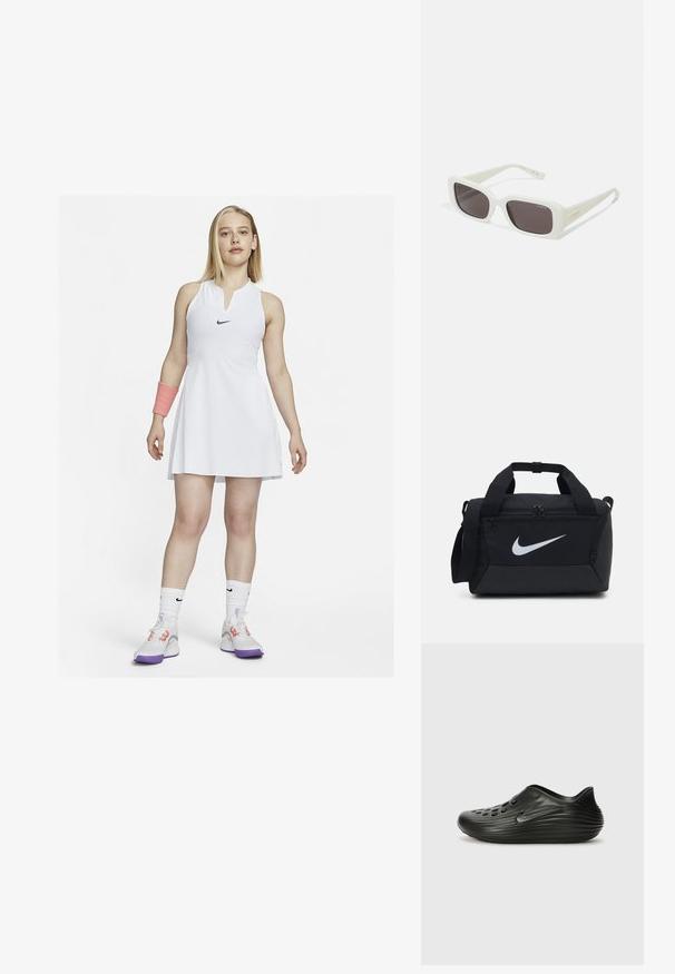 Bílý tenisový šat s bezramínkovým designem a límečkem, na kterém je černé logo Nike. Nosit s růžovým zápěstním pásem a bílými botami s fialovými akcenty.; Černé nazouvací dřeváky vyrobené z hladkého plastu s žebrovaným vzorem, perforovanými otvory na svršku a decentním bočním logem.; VOGUE Eyewear Sluneční brýle - full ivory/black smoke; Černá sportovní taška z hladké tkaniny, se dvěma zipovými přihrádkami, polstrovanými rukojeťmi a velkým bílým logem Nike na přední straně.