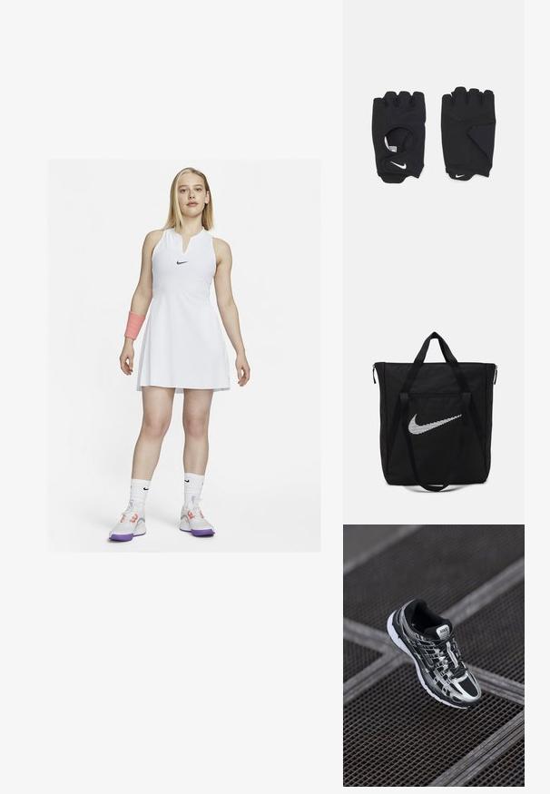 Vestido de tenis blanco con diseño sin mangas y cuello, con un logotipo negro de Nike. Combinado con una cinta de muñeca rosa y zapatillas blancas con detalles morados.; Zapatilla de correr de Nike con una combinación de colores negro y plateado, parte superior de malla, suela texturizada y sistema de cordones para un ajuste seguro.; Bolsa tote negra de nailon con dos asas resistentes y cierre de cremallera. Presenta un destacado logo de Nike en blanco con un diseño de rayas horizontales.; Guantes sin dedos negros hechos de material elástico, con un diseño de palma abierta, acentos antideslizantes y el logo de Nike en blanco.