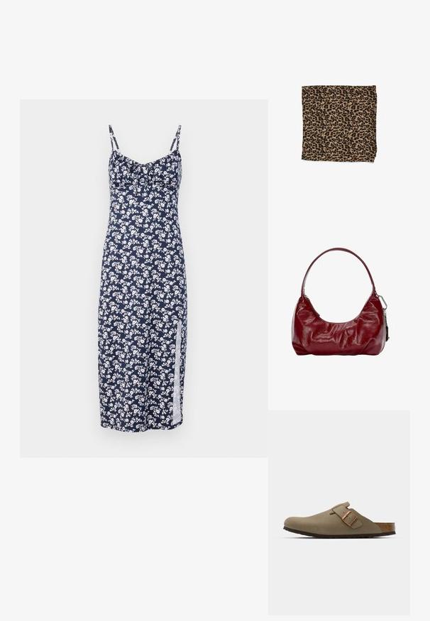 Mornarska cvetna obleka z belimi majhnimi cvetovi, z naramnicami, z nabranim detajlom na oprsju in stranskim razporkom, izdelana iz lahkotnega blaga.; Rjave klompice z gladko, matirano površino. Na strani imajo izrazit bronast sponko. Korkov vložek in gumijast podplat za udobje.; Tkanina v leopardjem vzorcu v bež barvi z črnimi madeži, gladka tekstura, pravokotna oblika in zložena z zaključnimi robovi.; Burgundska torbica na rame, izdelana iz sijočega materiala, z ukrivljeno obliko in nabranim teksturo. Ima kratek ročaj in vidno zadrgo.