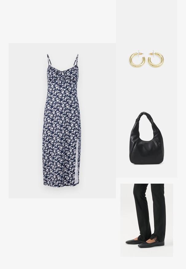 Marineblaues Blumenkleid mit kleinen weißen Blumen, Spaghettiträgern, gerafftem Büstendetail und seitlichem Schlitz, aus leichtem Stoff gefertigt.; Schwarze Leder-Ballerinas mit spitzer Zehenpartie, Riemchen mit silberner Schnalle, kombiniert mit schwarzen taillierten Hosen mit Schlitzsaum.; Schwarze Hobo-Bag aus glatt wirkendem Lederimitat mit einem gedrehten Griff, der eine weiche, abgerundete Form und einen Reißverschluss am oberen Ende aufweist.; Goldene Creolen mit einer glatten, glänzenden Oberfläche. Zirkuläres Design mit einem kleinen Stecker und einer klaren Rückseite für einen sicheren Sitz.
