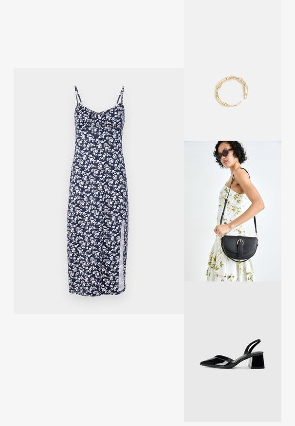 Jūras zila ziedu kleita ar baltām mazām ziedu apdrukām, ar plānām siksnām, savilktu krūšu daļu un sānu izgriezumu, izgatavota no viegla auduma.; Melna lakota āda ar atvērto papēdi, ar smailu purngalu un ģeometrisku blokpapēdi. Iezīmējas elegants, minimāls dizains un gluda tekstūra.; Melnas ādas rokassoma ar izliekta formu, noņemamu siksnu un zelta aksesuāriem. Somai ir vāciņš ar sprādzes detaļu.; Zelta toņa gredzens ar organisku, vērptu dizainu, gludu virsmu un sašaurinātiem galiem, radot mūsdienīgu, skulpturālu izskatu.