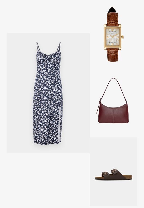 Mornarski cvjetni haljinu s malim bijelim cvjetovima, tankim naramenicama, nabrano detalj na dekolteu i bočnim prorezom, izrađenu od laganog materijala.; Smeđi, ravni klizni sandali s dva podesiva remena. Izrađeni od glatkog materijala, s plitkom uloškom od pluta i teksturiranim gumiranim potplatom.; Bordo kožna torba s zakrivljenim oblikom, jednim remenom za rame i šivenim detaljima na sredini. Glatka tekstura, minimalni dodaci.; Casio kvartni sat s pravokutnim zlatnim kućištem, bijelim licem, zlatnim kazaljkama i smešnom kožnom narukvicom sa uzorkom krokodila. Vodootporan.