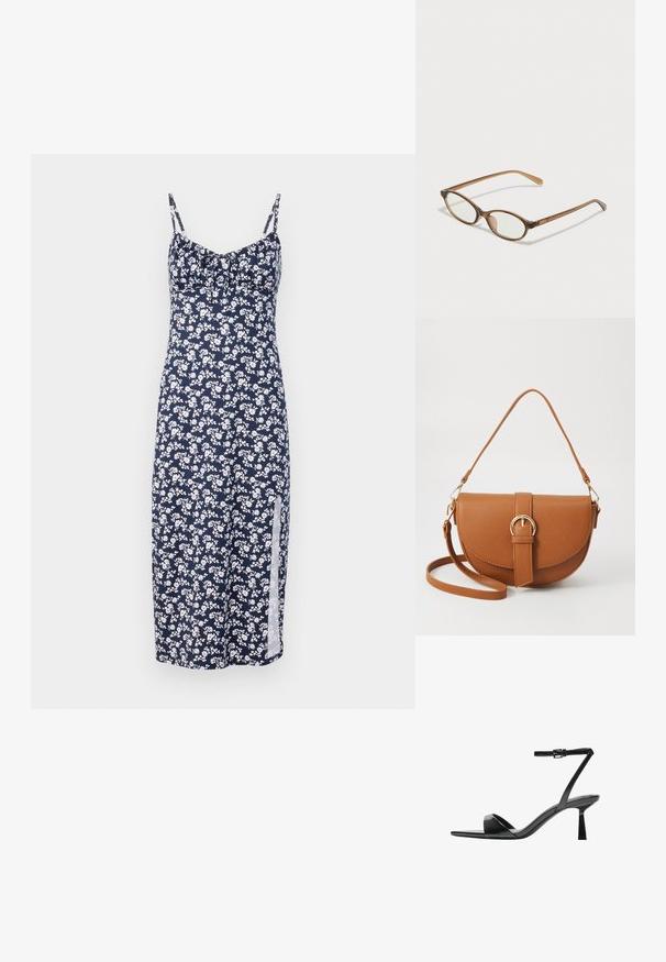 Rochie florală marină cu flori mici albe, cu bretele subțiri, detaliu strâns în zona bustului și fanta pe lateral, realizată dintr-un material ușor.; Bershka Sandale cu toc - black; Ochelari în nuanță de țestoasă maro, cu lentile ovale, brațe subțiri și accente transparente. Prezintă un logo subtil pe tâmplă. Design elegant și ușor.; Geantă din piele maro, tip crossbody, cu o formă curbată, accesorii aurii și un accent cu cataramă. Dispune de un curea de umăr detașabilă.