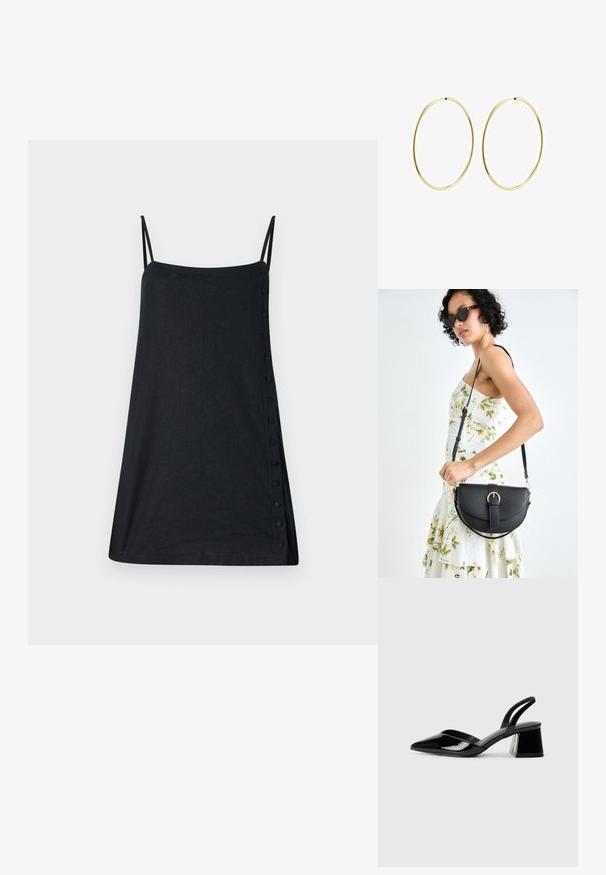 Czarna sukienka na ramiączkach o prostym kroju, z bocznym detalem w postaci guzika, wykonana z lekkiego materiału. Bez wzorów ani akcentów.; Czarne lakierowane półbuty na obcasie z wydłużonym noskiem i geometrycznym słupkiem. Charakteryzują się eleganckim, minimalistycznym designem oraz gładką fakturą.; Czarna skórzana torebka o zakrzywionym kształcie, z odpinanym paskiem i złotymi akcentami. Torebka posiada klapę z zapięciem w kształcie klamry.; Złote kolczyki w kształcie obręczy o gładkim, zaokrąglonym wzorze. Cienkie i lekkie, z ciągłą pętlą, bez żadnych ozdób.