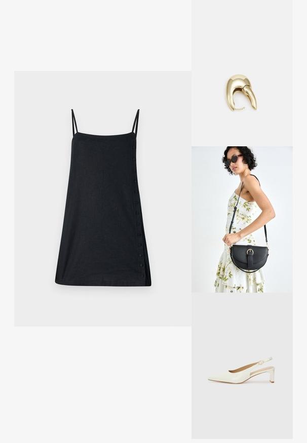 Robe noire à bretelles spaghetti avec une coupe droite, dotée d'un détail de bouton sur le côté et fabriquée en tissu léger. Sans motifs ni accents.; Escarpin en cuir verni blanc, à bout pointu et à petit talon bloc. Comprend une fine sangle avec un détail de boucle dorée.; Sac à main en cuir noir avec une forme courbée, bandoulière amovible et des accessoires en or. Le sac est doté d'un rabat avec un détail de boucle.; Boucle d'oreille en métal doré avec un design élégant et courbé. Présente une forme conique distinctive, une surface polie et une fermeture à charnière.