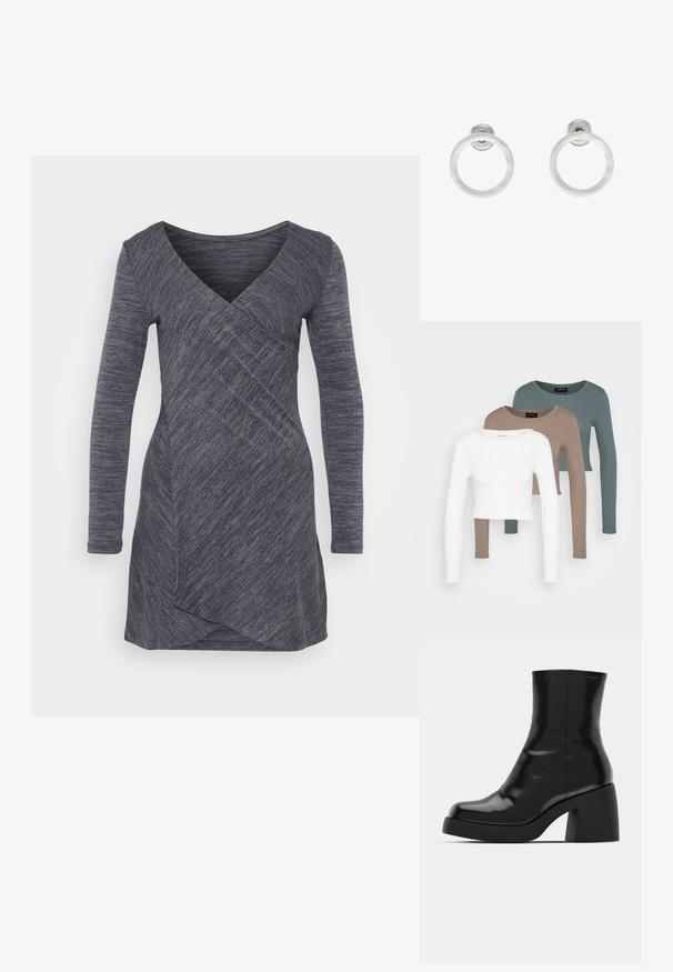 Tumehall pikkade varrukatega kleit, valmistatud tekstuurilisest kangast, V-kaelusega ja diagonaalse mähisega disainiga, millel on stiilne sobivus ja asümmeetriline alläär.; Kolm pika varrukaga lühikest tsooni moodustavat topi, värvid valge, beež ja tuhm türkissinine, ümmarguste kaelustega, heleda halli tausta peal.; Mustad mustad, läikiva viimistlusega, ruudukujulise varbaga ja paksu plokktallaga. Kujundus sisaldab sujuvat siluetti ja minimaalset brändimist.; Hõbedased metallist rõngastooted, millel on harjatud tekstuur, ümmargune disain ja selge tagumine post, tagamaks kindlat kandmist.