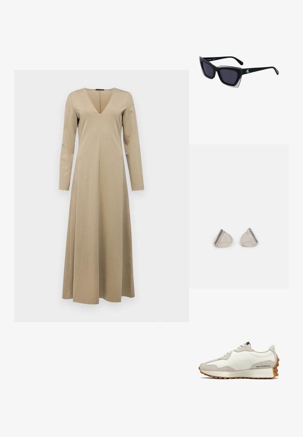 Beige långärmad klänning med V-ringning, utflugen siluett och mjuk textur. Tyget verkar slätt utan synliga mönster eller detaljer.; Vit och beige sneaker med ovandel i slätt läder och mockadetaljer. Har runda snören, en dämpad sula och en texturerad gummiyttersula.; Svart överdimensionerade solglasögon med geometrisk form, med mörka linser och en kontrasterande grå detalj på ramen. Logotyp på bygeln.; Silverfärgade metallörhängen med en slät, tårformad design och en polerad yta. Subtila gravyrer tillför detaljer. Minimalistisk design.