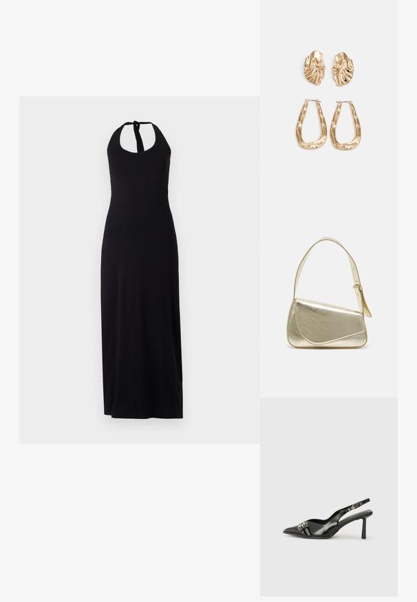 Vestido longo preto feito de tecido suave, com decote halter e costas abertas com fechamento por laço. Silhueta simples e sleek.; Sapato slingback preto em pele patentada com bico apontado, tiras no tornozelo apresentando fivelas e acessórios prateados, e um salto elegante.; Bolsa de mão metálica dourada com um design estruturado, textura suave e alça ajustável. Apresenta uma forma triangular única e costura minimalista.; Brincos em tom de ouro com formas onduladas e texturizadas. Inclui studs escultóricos com presilha e um design de argola aberta com um acabamento martelado.