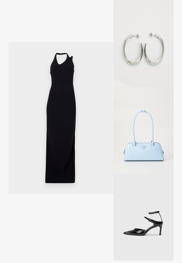 Crna bezrukavna maksi haljina s visokim izrezom i asimetričnim izrezom na ramenu. Izrađena od glatkog, elastičnog materijala.; Crne lakirane cipele s visokom potpeticom, špicastim prstom, podesivim naramenicama i tankom potpeticom. Glatka tekstura s sjajnom završnom obradom.; Svijetloplavi ručni torbica sa strukturiranim oblikom, glatka kožna materija, dva ručka i trokutasti brend logotip na prednjoj strani. Zatvaranje na patentni zatvarač.; Srebrne kružne naušnice s glatkim, zakrivljenim dizajnom. Imaju sjajnu metalnu završnu obradu i kopču na tipku. Nema vidljivih uzoraka ili ukrasa.