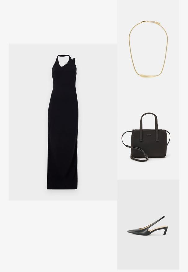 Črna brezrokavna maksi obleka z visokim ovratnikom in asimetričnim izrezom na rami. Narejena iz gladkega, raztegljivega materiala.; Črne čevlje s koničastimi nosovi in slingback obliko z nizko peto, izdelane iz gladke usnjene materiale ter s črtasto zasnovo na strani za prezračevanje.; Črna torbica z dvema kratkima ročajema in odstranljivim naramnim trakom. Gladek usnju podoben material z zadrgo in podrobnostmi z logotipom.; Zlatom pozlačen ogrlica z gladkim, ukrivljenim osrednjim poudarkom. Ima fleksibilno verigo z ježkom in dodatne prilagodljive verižice.