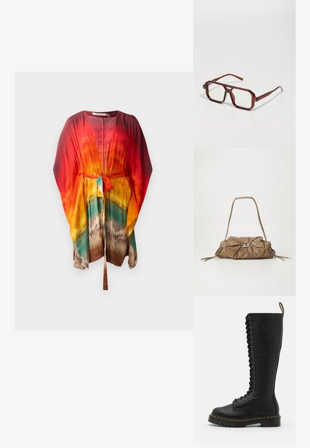 Leichtgewichtiger, bunter Kimono mit Bindegürtel. Hat einen lebhaften Farbverlauf in Rot, Orange, Gelb und Türkis. Weicher, fließender Stoff.; Schwarze knöchelhohe Lederstiefel mit einer klobigen Sohle, ausgestattet mit einer Schnürung vorne, metallischen Ösen und kontrastierendem gelbem Stich.; Braune transparente übergroße Brillen mit rechteckigen Gläsern und schlanken Bügeln. Abgewinkelte, leicht abgerundete Ecken und sichtbare Hardware-Akzente.; Braune Lederhandtasche mit gerafftem Vorderteil, silbernen Hardware-Akzenten und einem einzelnen Tragegurt. Glatte Textur mit rechteckiger Form.