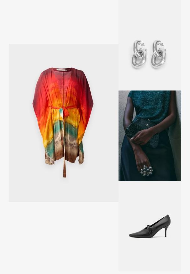 Lekki, kolorowy kimono z wiązanym paskiem. Posiada żywy gradient czerwieni, pomarańczy, żółci i turkusu. Miękki, zwiewny materiał.; GIABORGHINI ARTEMIS czarny; Czarna kopertówka w wzór krokodyla z srebrnymi akcentami, trzymana na szarym, teksturowanym tle. Posiada błyszczącą powierzchnię.; Rabanne XL LINK DOUBLE HOOP EARRING - Kolczyki