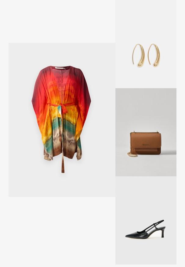 Kimono leggero e colorato con cintura da annodare. Presenta una vivace sfumatura di rosso, arancione, giallo e turchese. Tessuto morbido e fluido.; Slingback con tacco in vernice nera con punta affusolata, caratterizzato da una stampa a serpente testurizzata, cinturino regolabile e un tacco corto e testurizzato.; Borsa a tracolla in pelle marrone con texture, dotata di catena dorata e chiusura a pattina. Sul davanti presenta un dettaglio con logo e una tasca sotto la pattina.; Orecchini a cerchio in metallo color oro con forma curva ed allungata. Presentano una superficie liscia e lucida e una punta arrotondata per un tocco di dettaglio in più.