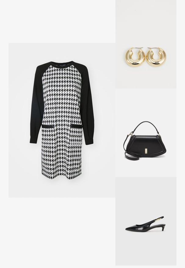 Schwarz-weißes Kleid mit einem Hahnentrittmuster im Oberteil, festen schwarzen Raglanärmel und zwei vorderen Taschen.; Schwarze Leder-Slingback-Pumps mit spitzem Schuhblatt, ausgestattet mit einem schlanken Absatz und einem goldfarbigen Akzent am verstellbaren Riemen. Glatte Textur.; Schwarze Lederhandtasche mit einem strukturierten Design, das eine verkürzte Form, einen oberen Griff und goldfarbene Hardware-Details aufweist. Verstellbarer Schulterriemen ist enthalten.; Goldene Creolen mit einem glatten, abgerundeten Design und einer glänzenden Oberfläche, ausgestattet mit einem Verschluss zur Sicherung. Mit "DKNY" graviert.