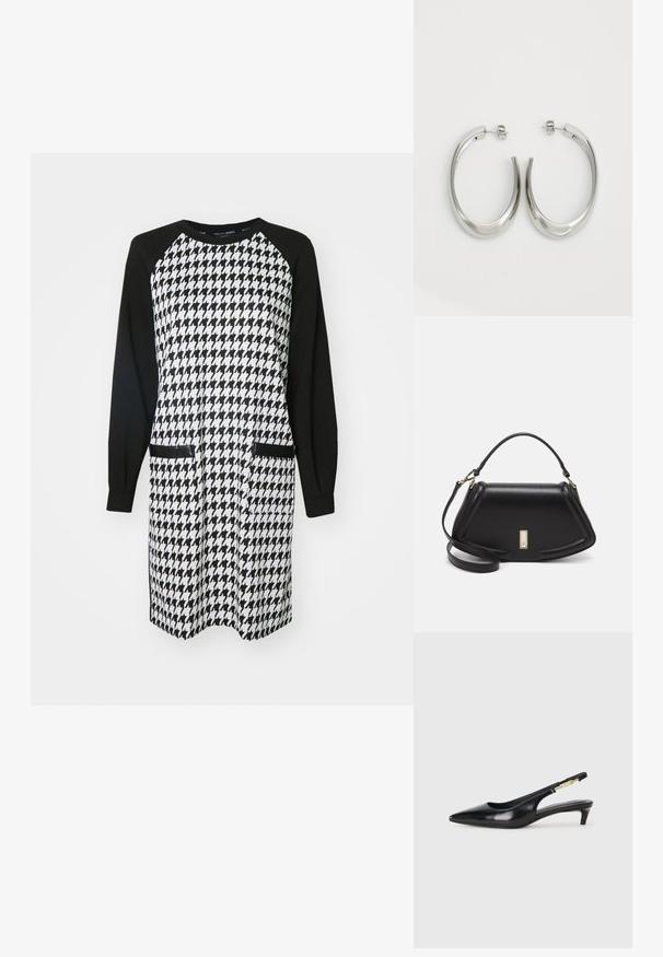 Schwarz-weißes Kleid mit einem Hahnentrittmuster im Oberteil, festen schwarzen Raglanärmel und zwei vorderen Taschen.; Schwarze Leder-Slingback-Pumps mit spitzem Schuhblatt, ausgestattet mit einem schlanken Absatz und einem goldfarbigen Akzent am verstellbaren Riemen. Glatte Textur.; Schwarze Lederhandtasche mit einem strukturierten Design, das eine verkürzte Form, einen oberen Griff und goldfarbene Hardware-Details aufweist. Verstellbarer Schulterriemen ist enthalten.; Silberne Creolen mit einem glatten, geschwungenen Design. Mit einem glänzenden metallischen Finish und Steckverschluss. Keine sichtbaren Muster oder Akzente.