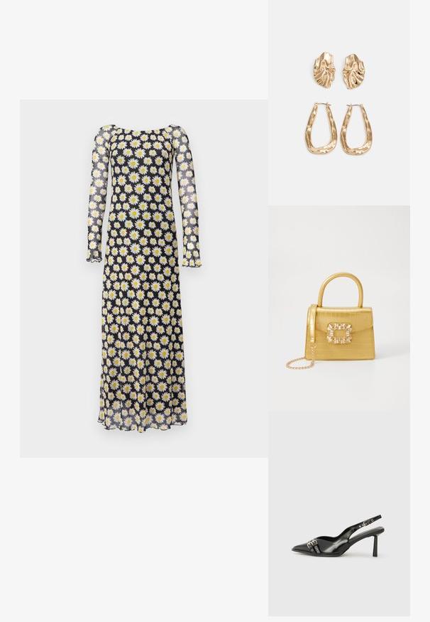 Rochie maxi cu mâneci lungi, transparente. Material negru cu un model floral de margarete în alb și galben. Decupaj rotund la gât și tiv ondulat.; Pantofii slingback din piele lăcuită neagră, cu vârf ascuțit, bretele pentru gleznă cu catarame și accesorii din argint, și un toc subțire.; Geantă galbenă din faux-crocodil cu un design structurat, mână superioară, curea detașabilă cu lanț și embellisment decorativ cu cristale pe închidere.; Cercei aurii cu forme texturate și ondulate. Include studs sculpturale cu clip și un design de cerc deschis cu un finisaj cioplit.