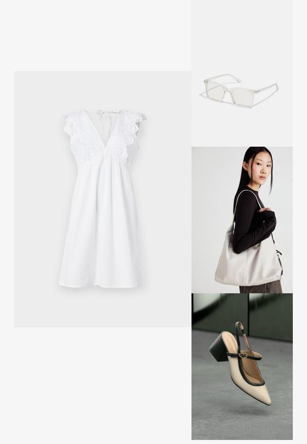 Vestido branco com bordado de renda em forma de onda nos ombros, decote em V e cintura franzida para um ajuste solto. Confeccionado em tecido leve.; Sandal de biqueira pontuda em bege com acabamento preto, fivela dourada e um salto bloco sólido, em um chão cinza com fundo verde escuro.; Óculos quadrados de plástico transparente com lentes translúcidas, apresentando detalhes em dourado nas hastes.; Uma bolsa bege feita de material macio, com um design descontraído, detalhes de costura e duas alças para o ombro. Adequada para uso diário.