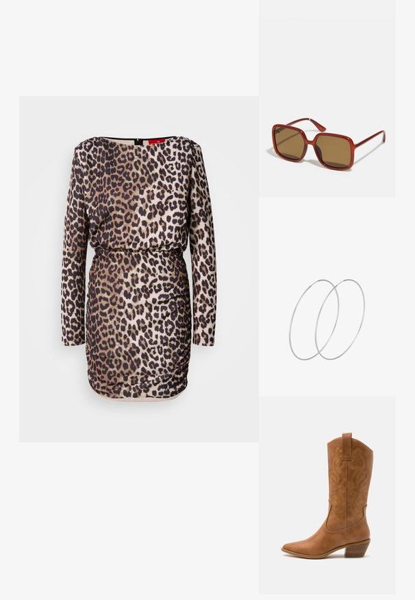 Šaty s leopardím potiskem, dlouhými rukávy, kulatým výstřihem, nabíranými detaily a přiléhavým střihem. Vyrobené z hladké, elastické látky.; Hnědé kožené kovbojské boty s špičatou špičkou, vyšívanými spirálovými vzory na štítech a s blokovým podpatkem. Obsahují poutko pro snadné obouvání.; Červené sluneční brýle čtvercového tvaru s hnědými skleněnými čočkami. Silné, lesklé obroučky a štíhlé nožičky s drobnými detaily na straně pro vizuální zajímavost.; Stříbrné kruhové náušnice s minimalistickým designem. Kruh, hladký povrch a tenký profil. Lehká konstrukce s lesklým povrchem.