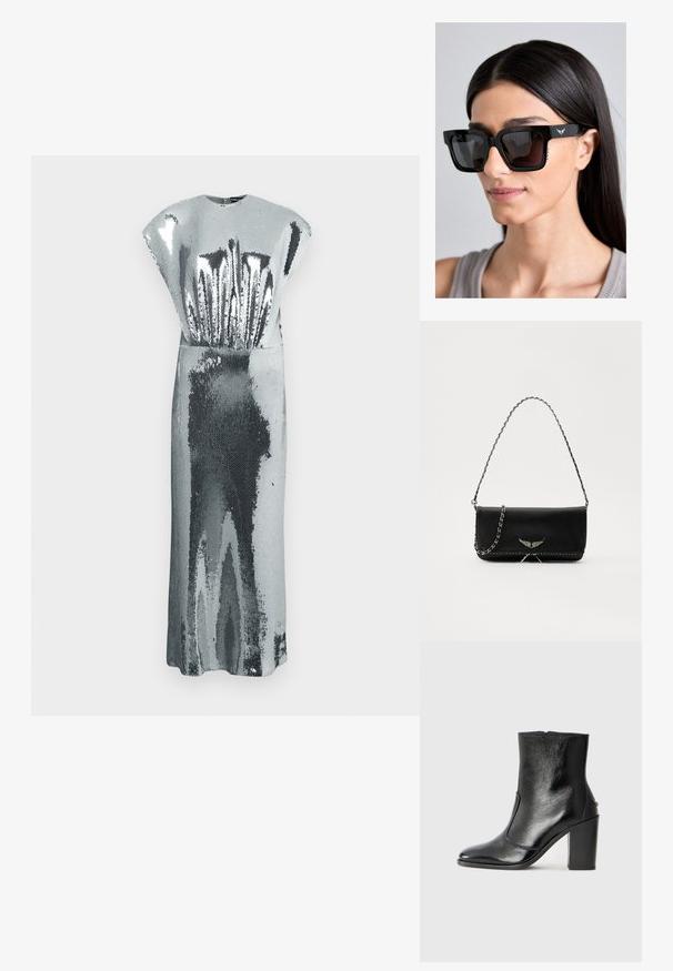 Ilga sidabrinė deimantų suknelė be rankovių, su aukštu iškirpimu ir subtiliais tekstūriniais raštais, atspindinčiais šviesą.; Juodas odinis kulkšninis batas su lygiu paviršiumi, smailiu pirštu ir masyviu aukštu kulnu. Savybė - šoninis atidarymas ir minimalistiškas dizainas.; Juodos didelės saulės akiniai su kvadratiniais rėmeliais, tamsiais lęšiais ir subtiliu sparno logotipo detalės ant šoninės dalies. Šonuose yra reljefiniai akcentai.; Juodas odinis delninukas su sidabro spalvos grandinele, papuoštas dekoratyviniais sparnų akcentais ir balta siūle apačioje.