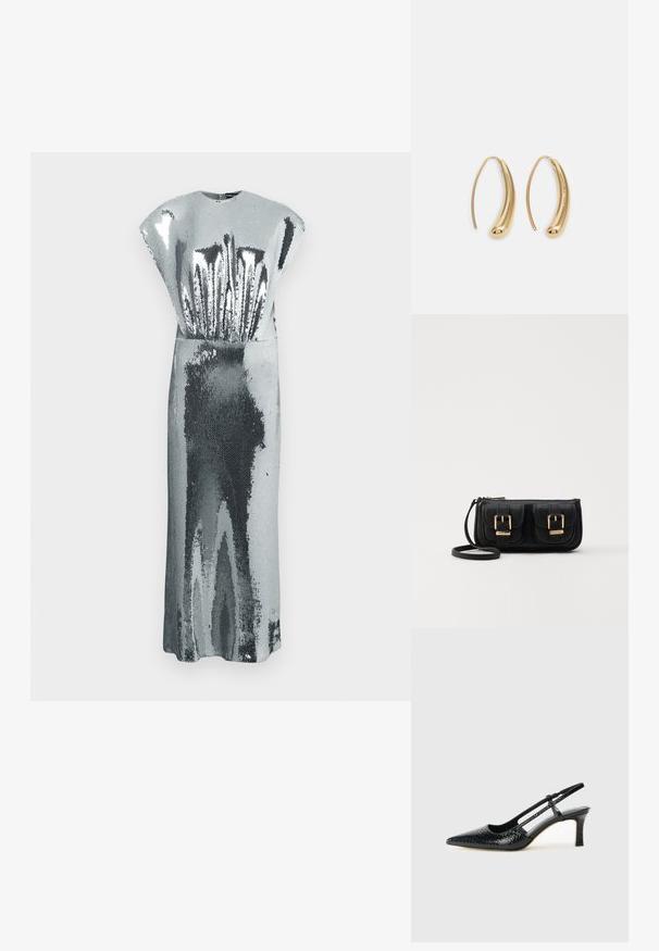 Largo vestido sin mangas de lentejuelas plateadas con un cuello alto y sutiles patrones texturizados que reflejan la luz.; Tacón slingback negro de charol con punta afilada, que presenta un estampado de serpiente texturizado, correa ajustable y un tacón bloque corto y texturizado.; Bolso cruzado de cuero negro con dos bolsillos frontales, hebillas doradas, cierre de cremallera y una correa delgada. Superficie texturizada y forma rectangular compacta.; Pendientes de aro de metal en tono dorado con una forma curva y alargada. Presentan una superficie lisa y brillante y una punta redondeada para mayor detalle.