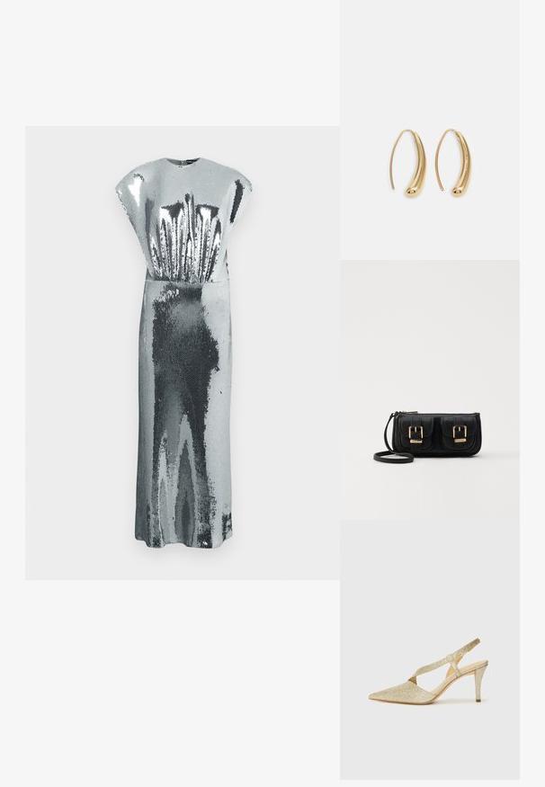Dlouhé stříbrné šaty bez rukávů se vzorem flitrů, s vysokým výstřihem a jemnými texturovanými vzory odrážejícími světlo.; Třpytivé zlaté slingback lodičky s špičatou špičkou, tenkým kotníkovým páskem a štíhlým podpatkem. Povrch má strukturovaný metalický povrch.; Černá kožená crossbody taška se dvěma předními kapsami, zlatými přezkami, zipovým uzávěrem a štíhlým popruhem. Texturovaný povrch a kompaktní obdélníkový tvar.; Náušnice ve tvaru kruhu z pozlaceného kovu s vroubkovaným, prodlouženým tvarem. Mají hladký, lesklý povrch a zaoblený konec pro zvýraznění detailu.