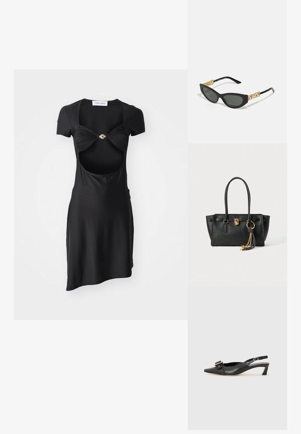 Czarna sukienka z krótkimi rękawami, głębokimi dekoltami z wycięciami i marszczonym biustem. Posiada centralny złoty akcent. Gładka tekstura.; Czarne skórzane buty typu slingback z ostrym noskiem, małym obcasem i ozdobnym zapięciem na górze. Gładka faktura, minimalistyczny design.; Czarne okulary przeciwsłoneczne w kształcie kocich oczu z ciemnymi soczewkami, z złotymi, geometrycznymi akcentami na zausznikach i eleganckim, matowym wykończeniem.; Czarna skórzana torebka na podwójnych uchwytach, ze złotym zamkiem i łańcuszkiem, a także czarno-białym ozdobnym frędzlem na białym tle.