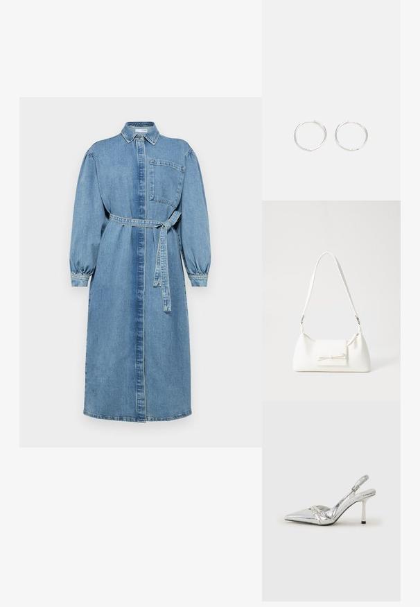 Τζιν φόρεμα σε ανοιχτό μπλε με γιακά, υπερμεγέθεις φουσκωτές μανσέτες, τσέπη στο στήθος και ζώνη που δένει στη μέση.; Ασημένια ψηλοτάκουνα παπούτσια slingback με μυτερή μύτη, μεταλλική φινέτσα, δύο διακοσμητικές λωρίδες και λεπτό τακούνι με μαύρη άκρη.; Λευκή συνθετική τσάντα σε τριγωνικό σχήμα, με επίπεδη μπροστινή καπάκι και λεπτομέρεια φιόγκου, ρυθμιζόμενο λουράκι, απαλή υφή και μινιμαλιστικό σχέδιο.; Ασημένια σκουλαρίκια κρίκοι με κομψό, στρογγυλό σχέδιο, που διαθέτουν λεία επιφάνεια και χωρίς ορατά διακοσμητικά στοιχεία. Η διάμετρος δεν αναφέρεται.