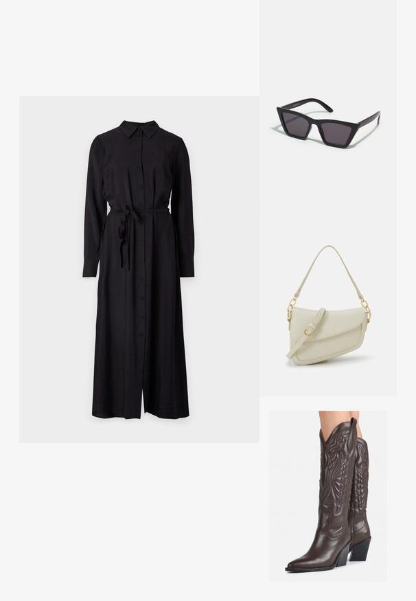 Mustmusthri metsa varrukatega nööpidega kleit, millel on krae ja vöökohal side. Sirge siluett. Valmistatud siledast ja tekstuursest kangast.; Pruunid nahast cowboy saapad terava varbaga ja plokk-kandaga, millel on detailne tikand ja kergelt tõstetud aktsendid varrel.; Mustad mustrakellad, millel on hallid šabloonid; valmistatud plastist, paksude ja siledate kätega, ilma nähtava riistvarata.; Väike kreemjas käekott tekstureeritud viimistlusega, pikendatav rihm, ketiläbimõõt ja klapiga sulgemine. Kuldsed metalldetailid.