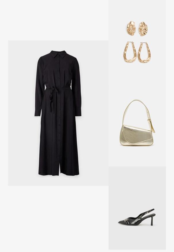 Črna dolga srajčna obleka z ovratnikom, zavezan pasom v pasu in ravno silhueto. Narejena iz gladkega, teksturiranega materiala.; Črne patentne usnjene sandale s koničastim nosom, zankami okoli gležnja s srebrnimi sponkami in opremo ter vitkimi petami.; Zlata metalna torbica z urejenim dizajnom, gladko teksturo in nastavljivim trakom. Ima edinstveno trikotno obliko in minimalistično šivanje.; Zlato obarvani uhani z teksturiranimi, valovitimi oblikami. Vključujejo skulpturalne sponke za ušesa in odprto obliko obročka s kladivastim finišem.