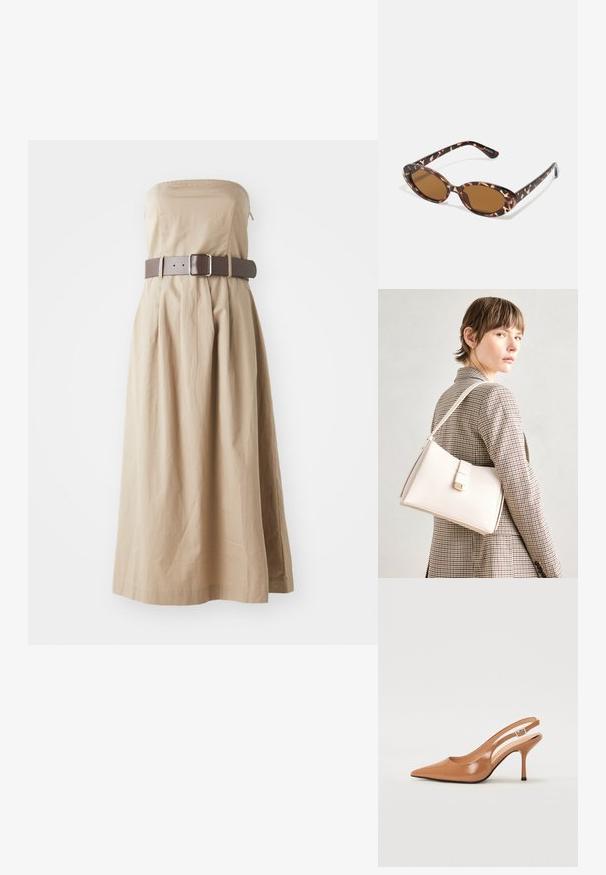 Bežinis maksi suknelė be petnešų su prigludusia liemens dalimi, susiraukšlėtu sijonu ir plačiu ruduo diržu su kvadratiniu užsegimu. Pagaminta iš lengvos medžiagos.; Pailgų smailiu pirštu slingback kulnas, pagamintas iš lygaus, blizgaus rudos spalvos medžiagos. Yra kreivų išpjovimų dizainas ir lieknas stiletto kulnas. Sidabrinė sagtis.; Kaktašiai akiniai nuo saulės su ovaliais objektyvais, rudi, ploni laikikliai su tekstūruotu raštu, lengvas plastikinis rėmas.; Balto odos rankinė su struktūrizuotu dizainu, turinti magnetinį užsegimą ir petnešą, demonstruojama prieš neutralią foną.