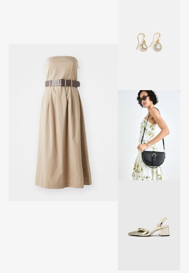 Bela maksi obleka brez naramnic z oblikovanim korzetom, nabranim krilom in širokim rjavim pasom s kvadratno zaponko. Narejena iz lahkotnega materiala.; Zlati, kovinski slingback čeveljci z ostrim nosom in masivnim peto. Gladka tekstura, minimalistična zasnova in ozka zanka.; Črna usnjena torbica s ukrivljeno obliko, z odstranljivo naramnico in zlatimi dodatki. Torbica ima pokrov s podrobnostmi v obliki zaponke.; Zlato obarvani uhani z ovalnimi prozornimi kristali, ki jih obdajajo manjši prozorni kamenčki, s sistemom za oblačenje za varno nošenje.