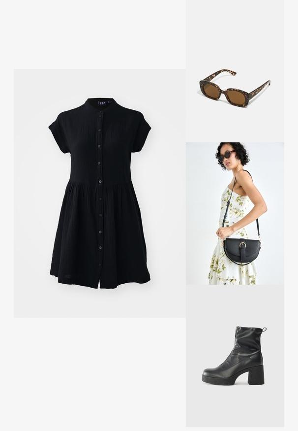 Fekete gombos ruha álló gallérral, rövid ujjakkal, texturált anyagból, és redőzött szoknyával. Nincsenek minták vagy díszítések.; Fekete bokacsizmák sima bőrből, oldalsó cipzárral, vastag, texturált sarkú és lekerekített orrú dizájnnal.; Teknősbéka mintázatú napszemüveg kerek, vastag kerettel és barna lencsékkel. Finom mintázattal és egyenes, keskenyedő szárakkal rendelkezik.; Fekete bőrtáska ívelt formával, levehető pánttal és arany színű fémrészekkel. A táskán egy csattal díszített fedél található.