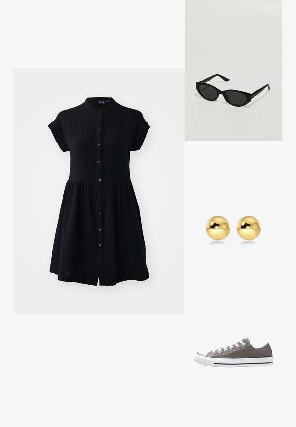 Melnas pogājamas kleitas ar stāvu apkakli, kaprukṣa piedurknēm, teksturētu audumu un savilkta svārku dizainu. Nav rakstu vai rotājumu.; Pelēki kanvas tenisi ar baltu gumijas zoli, melnu svītru un metāla acīm. Iekļauj apaļu purngalu, zemu konstrukciju un teksturētu audumu.; Melnas saulesbrilles ar šauru, kaķa acs formu. Izgatavotas no gludas plastmasas, ar tumšiem objektiem un niansētām logotipa akcentiem uz kājām.; Zeltainas sfēriskas auskaru pušķis ar mirdzošu, atstarojošu virsmu. Dizains ir vienkāršs un gluds, radot modernu, minimālistisku izskatu.