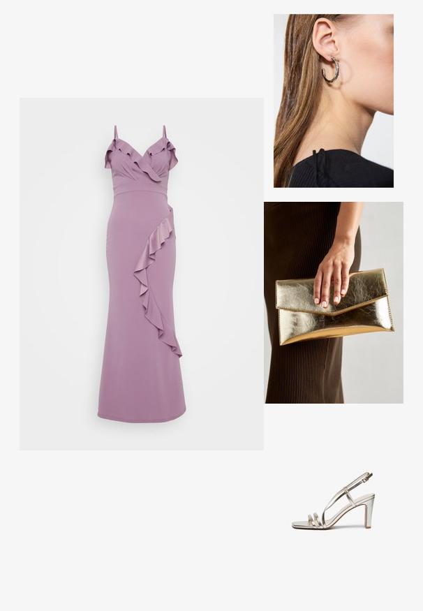 Lila obleka s tankimi naramnicami, ki ima nabrano izreza na vratu in diagonalni nabrani detajl ob strani. Gladka, prilegajoča silhueta.; Metalne srebrne sandale na visoki peto z odprtim prstom, ki imajo tri tanke naramnice čez nogo in naramnico okoli gležnja z zaponko.; Zlatna metalna torbica s glatko teksturo, ki ima trikotno zapiranje. Roka, ki jo drži, ima lepo urejene nohte.; Srebrna obročasta uhana s polirano površino, ki vključuje majhne zlate poudarke in okroglo obliko, nošena na ušesnem lobu.