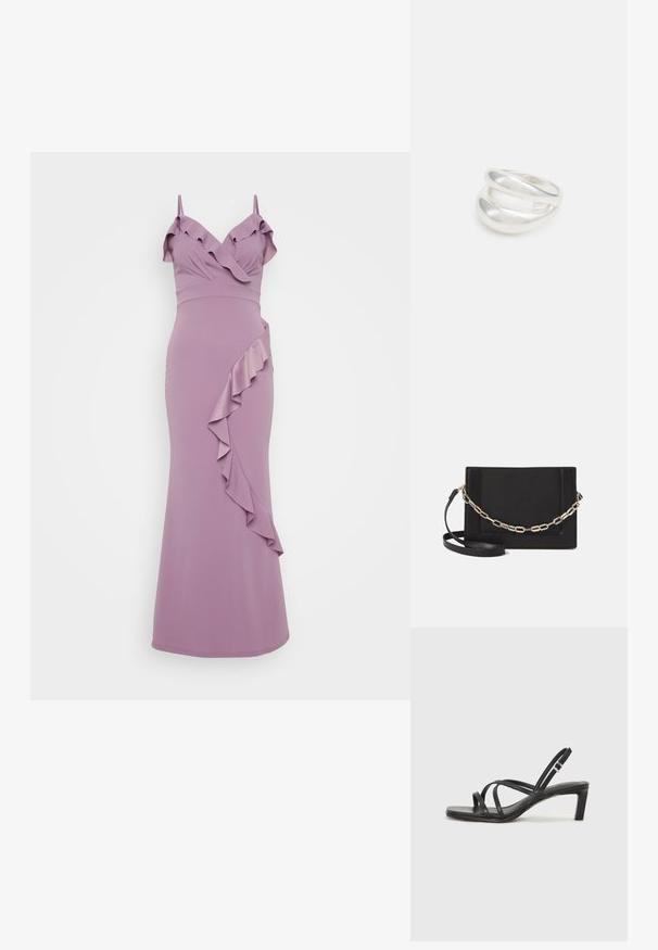 Šviesiai violetinė suknelė su špagetinėmis petnešėlėmis, puikiai įrėminanti kaklą ir turinti įstrižą volanėlį šone. Lygus, prigludęs siluetas.; Juodi šlepetės su kvadratiniu pirštu ir žemu bloku kulnu. Yra keli ploni dirželiai ir reguliuojamas kulkšnies diržas. Pagaminti iš lygios odos.; Juodas odinis per petį nešiojamas krepšys turi lygų paviršių, stačiakampio formą ir metalinę grandinėlę priekyje. Pridedama reguliuojama dirželis.; Sidabrinis dvigubas žiedas su lygiu, poliruotu paviršiumi. Pasižymi sklandžiu, kreiptu dizainu su persipinančiomis dalimis, suteikiančiomis modernų išvaizdą.