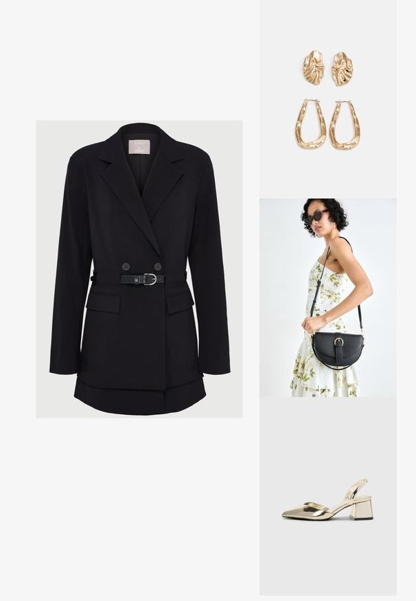 Čierny dvojradový sak s opaskom v páse, dvoma prednými vreckami a širokými klopami; vyrobené z textúrovanej tkaniny so štruktúrovaným tvarom.; Zlaté kovové lodičky na podpätku so špicatou špičkou a robustným podpätkom. Hladký povrch, minimalistický dizajn a úzka remienok.; Čierna kožená kabelka s zaobleným tvarom, odnímateľným popruhom a zlatými doplnkami. Kabelka má klopu s detailom s prackou.; Náušnice v zlatej farbe s textúrovanými, vlnitými tvarmi. Obsahujú sochárske klipsové náušnice a otvorený tvar krúžku s kladivkovým povrchom.