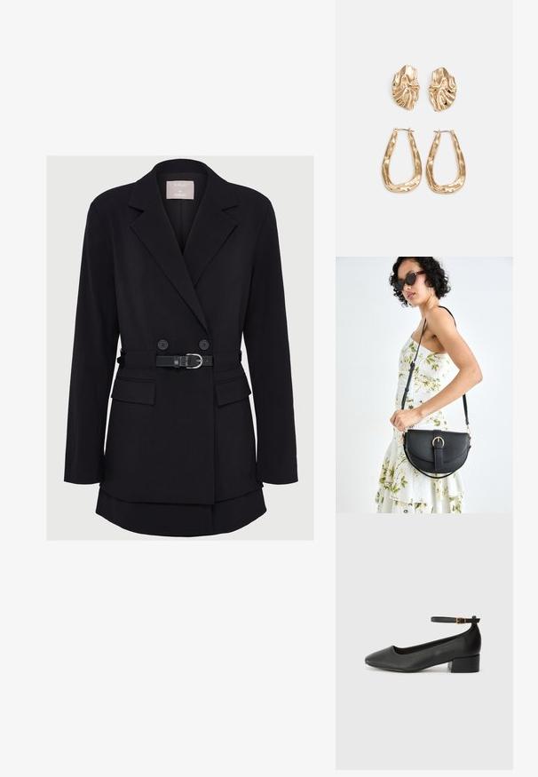 Svart dobbelspent blazer med belte i midjen, to frontlommer og brede slag; laget av teksturert stoff med en strukturert form.; Sorte skinnpumper med spiss tå og lav blokkhelt. Har ankelrem med gullfarget spenne. Glatt tekstur.; Svart lærveske med en buet form, avtagbar stropp og gullbeslag. Vesken har et klaff med spenne-detall.; Gullfargede øredobber med teksturerte, bølgete former. Inkluderer skulpturelle klipsstuds og åpen hoop-design med en hamret finish.
