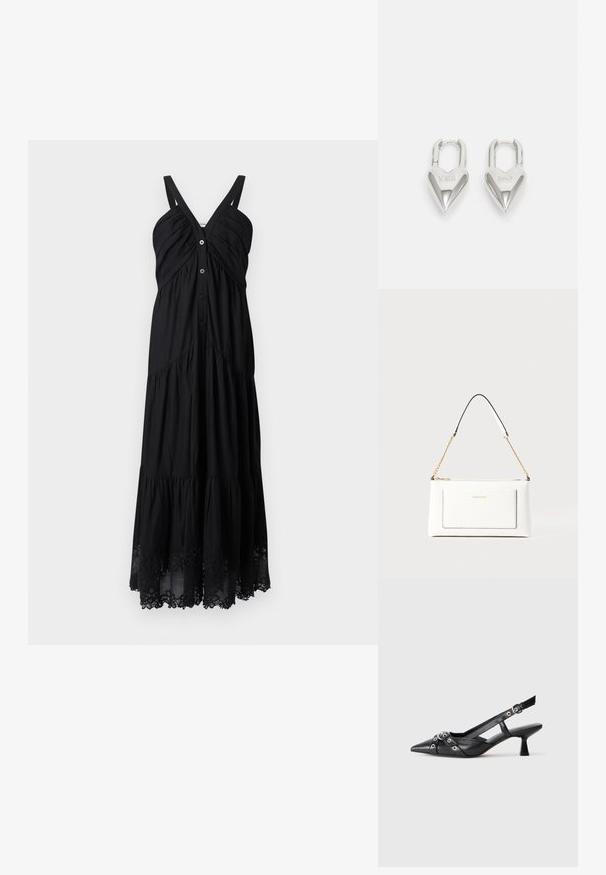 Čierne maxi šaty s nastaviteľnými ramienkami, nariasenou bodicou, prednými gombíkmi a vrstvenou sukňou s jemnou čipkovou čipkou na leme.; Čierne kožené slingback topánky s špicatou špičkou, ozdobnými popruhmi s kovovými očkami a nízkym blokovým podpätkom. Textúrovaný povrch.; Biele kožené kabelka s textúrovaným povrchom, ktorá má zlatý retiazkový popruh a čierne akcenty. Obsahuje prednú kapsu a zipsové zapínanie.; Strieborné zámky v tvare srdca so vygravírovanými nápismi "ÁNO" a "NIE", leštený povrch, symetrický dizajn a robustný kovový uzáver.