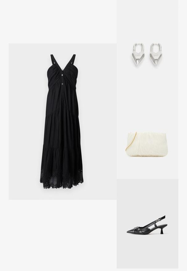 Czarna maxi sukienka z regulowanymi ramiączkami, marszczonym korpusem, guzikami z przodu i warstwową spódnicą z misternym koronkowym wykończeniem u dołu.; Czarne skórzane buty typu slingback z ostrym noskiem, ozdobnymi paskami z metalowymi oczkami oraz niskim klinowym obcasem. Teksturowana powierzchnia.; Biała torebka kopertowa o teksturowej powierzchni z marszczeniem, z złotym łańcuszkiem. Gładkie wykończenie z delikatnymi falami i zaokrąglonymi krawędziami.; Srebrne kłódki w kształcie serca z wygrawerowanymi napisami "TAK" i "NIE", polerowane wykończenie, symetryczny design oraz mocny metalowy zamek.