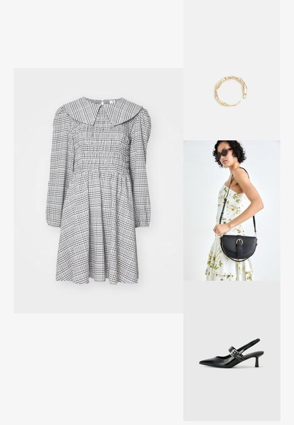 Smokirana obleka z dolgimi rokavi, okroglim ovratnikom, s sivo-belim karirastim vzorcem, lahkim materialom in nabranim pasom za rahel silhuet.; Črne patent usnjene slingback pete s koničastim nosom in majhnim blok peto, ki vključujejo srebrno zaponko na traku.; Črna usnjena torbica s ukrivljeno obliko, z odstranljivo naramnico in zlatimi dodatki. Torbica ima pokrov s podrobnostmi v obliki zaponke.; Zlati prstan s organskim, zvitim dizajnom, gladko površino in taperiranimi konci, ki ustvarja modernega, skulpturalnega videza.