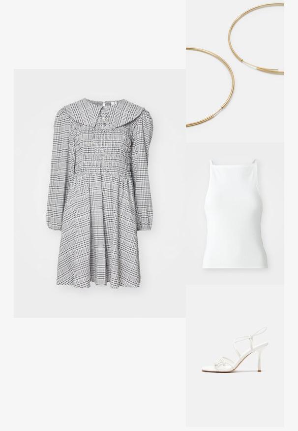 Haljina s nabranim detaljima, dugim rukavima, okruglim ovratnikom, sivo-bijelim kariranim uzorkom, laganom tkaninom i skupljenim strukom za lepršavi siluetu.; Bjela rebrasta majica bez rukava s tankim naramenicama, s prilagođenim dizajnom i glatkom teksturom. Tkanina izgleda elastično i blago strukturirano.; Bijele sandale s visokom potpeticom i trakama, ravno oblikovanim prstima, teksturiranim prednjim dijelom s naboranim detaljima i uskom trakicom oko gležnja.; Zlatne kružne naušnice, tanke i okrugle, s glatkom metalnom površinom bez ukrasa ili uzoraka.