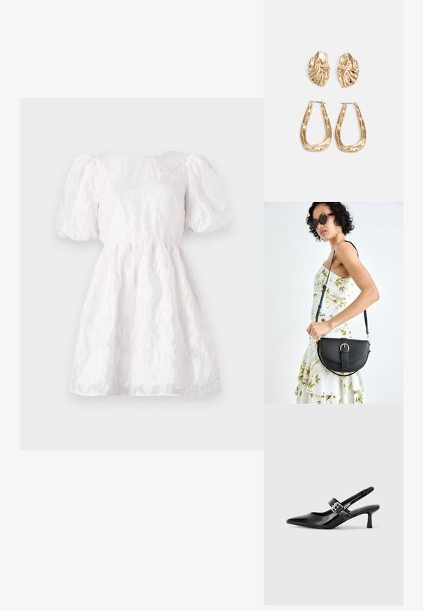 Vestido branco com mangas bufantes, padrão texturizado floral, cintura justa e saia rodada, feito de tecido leve.; Saltos slingback em verniz preto com bico pontiagudo e um pequeno salto bloco, apresentando um detalhe de fivela prateada na tira.; Bolsa de couro preta com forma curva, alça destacável e detalhes em dourado. A bolsa possui uma aba com detalhe de fivela.; Brincos em tom de ouro com formas onduladas e texturizadas. Inclui studs escultóricos com presilha e um design de argola aberta com um acabamento martelado.