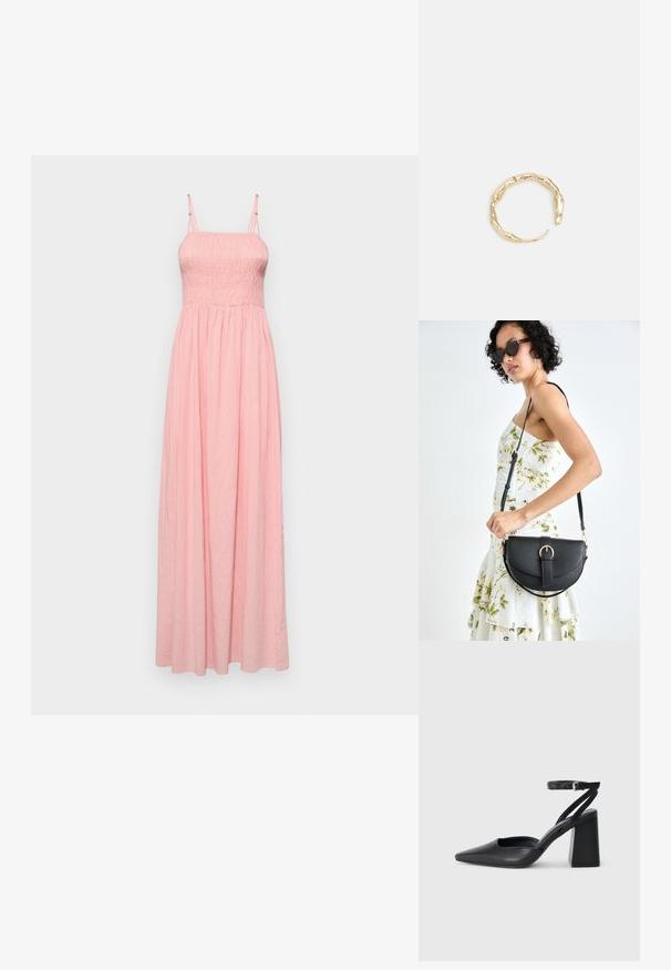 Maxi kleita no mīksta rozā auduma, ar smalku bodi, plānām regulējām siksnām un plūstošu svārku. Vienkāršs dizains bez rakstiem.; Melna ādas augstpapēžu kurpe ar norakstīto purngala formu, potītes siksniņu un masīlu papēdi. Gluda tekstūra, elegants dizains un minimālisma estētika.; Melnas ādas rokassoma ar izliekta formu, noņemamu siksnu un zelta aksesuāriem. Somai ir vāciņš ar sprādzes detaļu.; Zelta toņa gredzens ar organisku, vērptu dizainu, gludu virsmu un sašaurinātiem galiem, radot mūsdienīgu, skulpturālu izskatu.